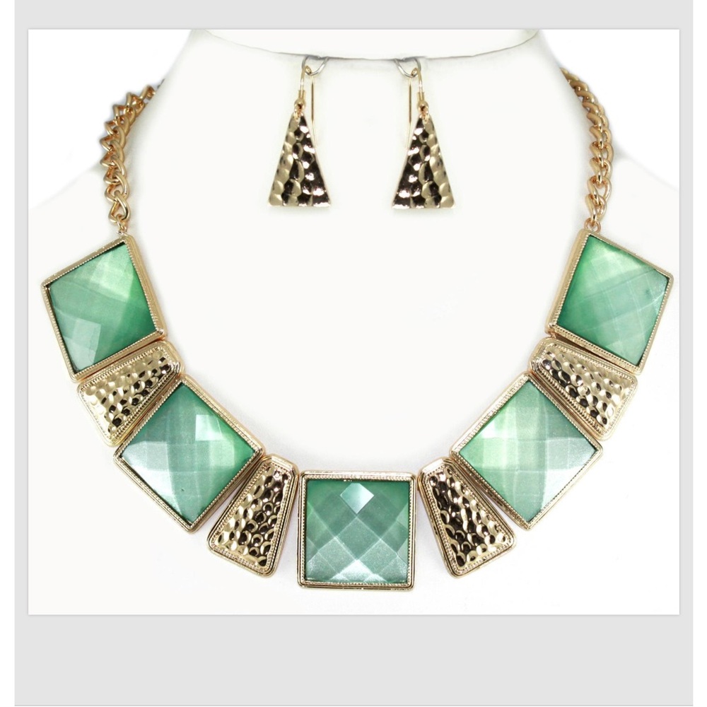 Mint Green Square Gem Hammered Gold Earrings Necklace Jewelry Set Chunky